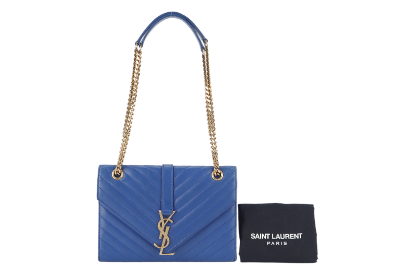 YVES SAINT LAURENT (YSL) MEDIUM ENVELOPE BAG BLUE CHEVRON QUILTED LEATHER GOLD HARDWARE WITH DUST COVER