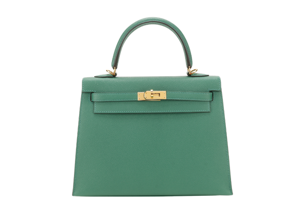 HERMES KELLY 25 SELLIER STAMP A (YEAR 2017) VERT VERTIGO EPSOM LEATHER GOLD HARDWARE WITH STRAP, KEYS, LOCK AND DUST COVER
