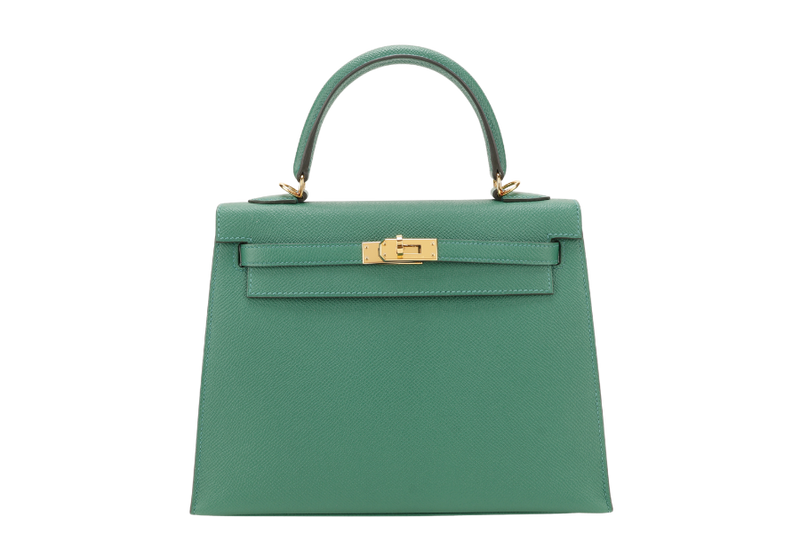 HERMES KELLY 25 SELLIER STAMP A (YEAR 2017) VERT VERTIGO EPSOM LEATHER GOLD HARDWARE WITH STRAP, KEYS, LOCK AND DUST COVER