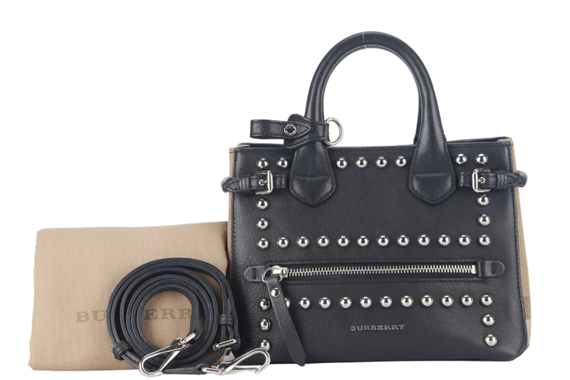 burberry studded baby banner black leather tote bag silver hardware with dust cover and sling