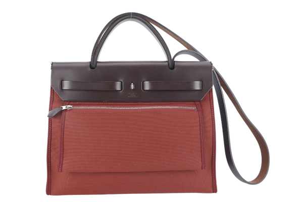 HERMES HERBAG 31 ROUGE H EBENE HUNTER TRIM SILVER HARDWARE STAMP R (2014) WITH DUST COVER