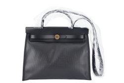 HERMES HERBAG 31CM BLACK TOILE H BERLINE COATED CANVAS GOLD HARDWARE STAMP W (2024) WITH KEYS&LOCK, DUST COVER AND BOX