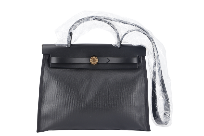 HERMES HERBAG 31CM BLACK TOILE H BERLINE COATED CANVAS GOLD HARDWARE STAMP W (2024) WITH KEYS&LOCK, DUST COVER AND BOX