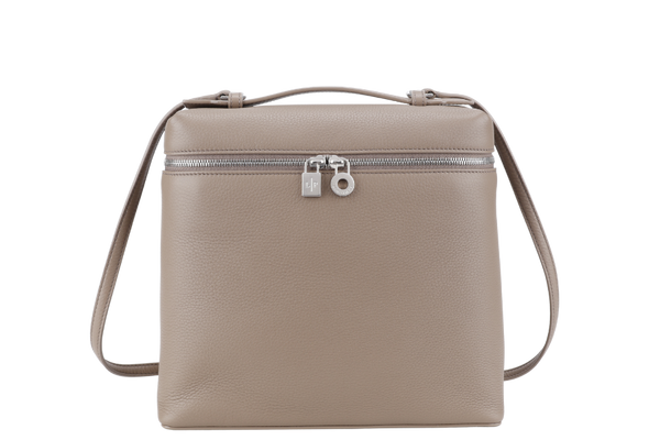 LORO PIANA EXTRA POCKET BACKPACK L23.5 WARM MASTIC-ANTIQUE SILVER COLOR (DO04) GRAINED CALFSKIN SILVER HARDWARE WITH DUST COVER AND BOX