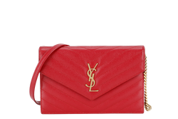 YVES SAINT LAURENT (YSL) RED CAVIAR CHAIN WALLET GOLD HARDWARE NO DUST COVER