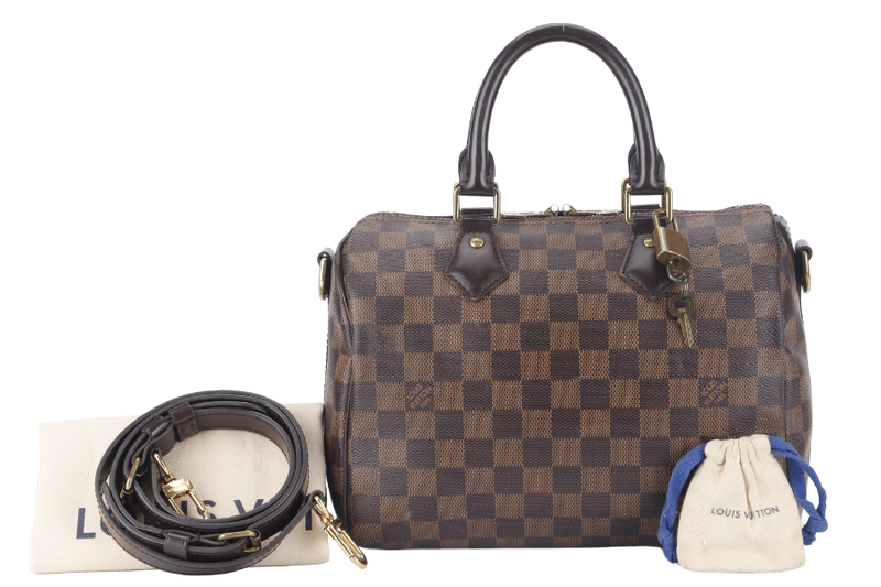 LOUIS VUITTON SPEEDY 25 BANDOULIERE N41368 DAMIER EBENE GOLD HARDWARE (MICROCHIP) WITH STRAPS, DUST COVER AND BOX