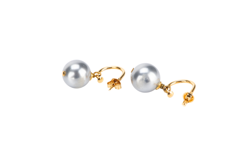 CHANEL GREY FAUX PEARL WITH GOLD J SHAPED EARRINGS, NO BOX