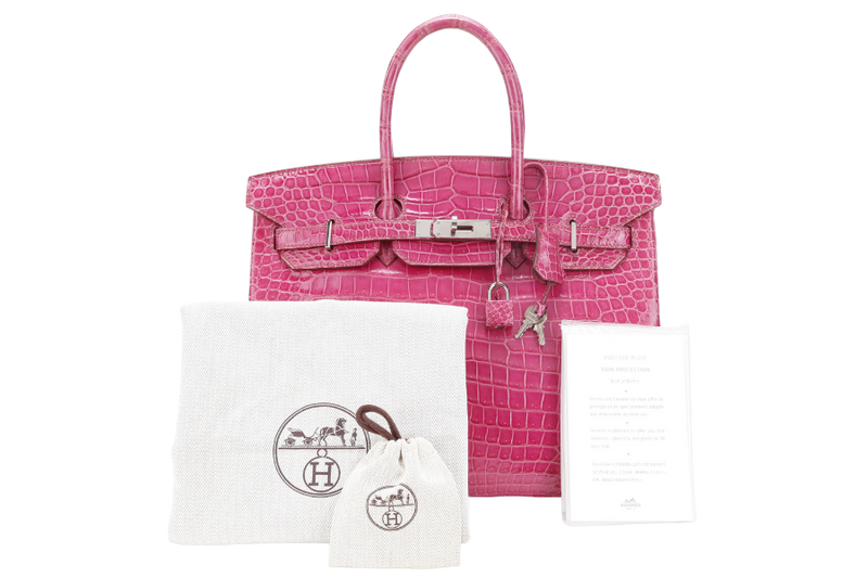 HERMES BIRKIN 35 STAMP N SQUARE (YEAR 2010) ROSE SCHEHERAZADE POROSUS CROC SKIN SILVER HARDWARE WITH KEYS&LOCK, RAINCOAT, DUST COVER & BOX
