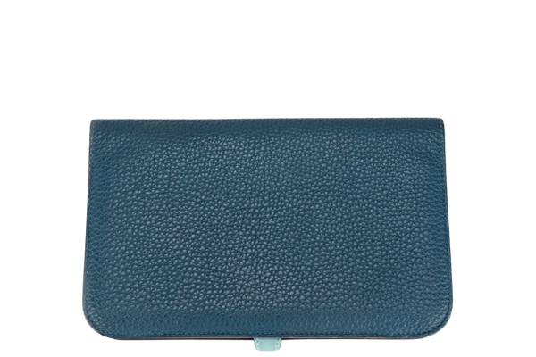 HERMES DONGON DUO WALLET (STAMP X) YEAR 2016 BLUE TOGO LEATHER PALLADIUM HARDWARE NO DUST COVER & BOX