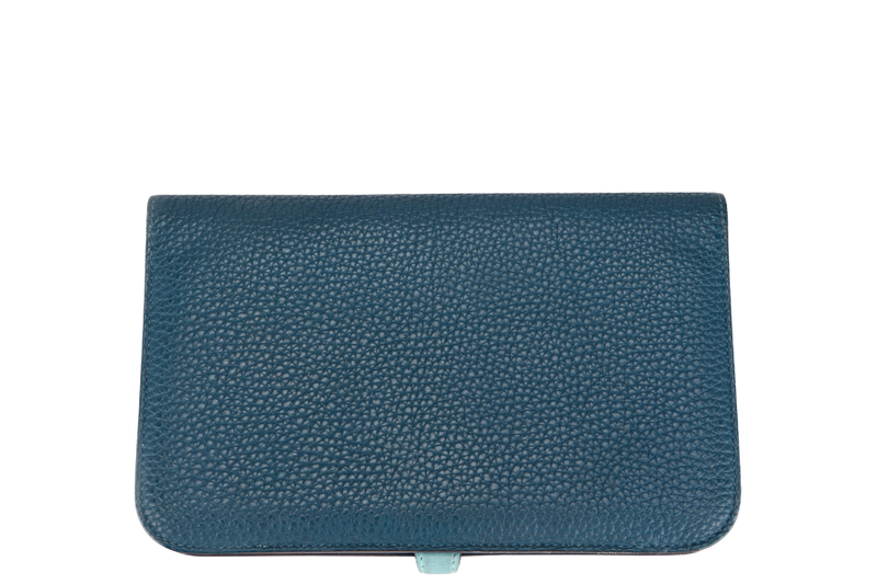 HERMES DONGON DUO WALLET (STAMP X) YEAR 2016 BLUE TOGO LEATHER PALLADIUM HARDWARE NO DUST COVER & BOX