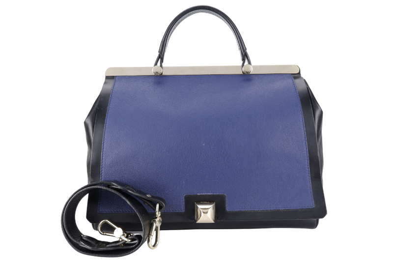 FURLA CORTINA TOP HANDLER SATCHEL BAG 34CM BLUE BLACK CALF LEATHER GOLD HARDWARE