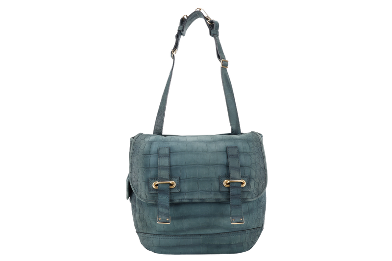 YVES SAINT LAURENT (YSL) BESACE GREEN CROC EMBOSSED LEATHER GOLD HARDWARE NO DUST COVER