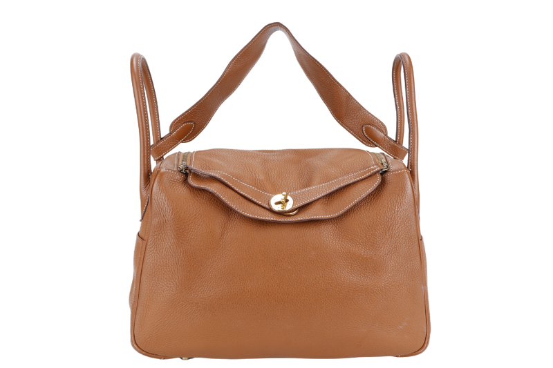 HERMES LINDY 34 STAMP K SQUARE (YEAR 2007) GOLD CLEMENCE LEATHER GOLD HARDWARE WITH DUST COVER