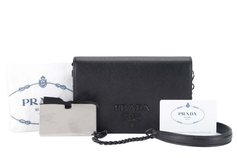 PRADA WALLET ON CHAIN (1BP019) BLACK SAFFIANO LEATHER BLACK HARDWARE WITH DUST COVER, CARD AND MIRROR