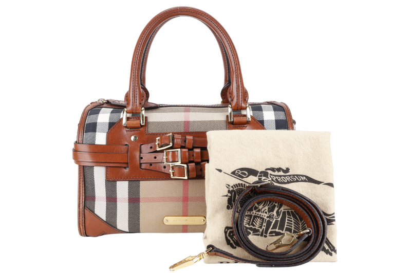 BURBERRY HOUSE CHECK BRIDLE BOWLING BAG BROWN CANVAS AND LEATHER GOLD HARDWARE WITH DUST COVER