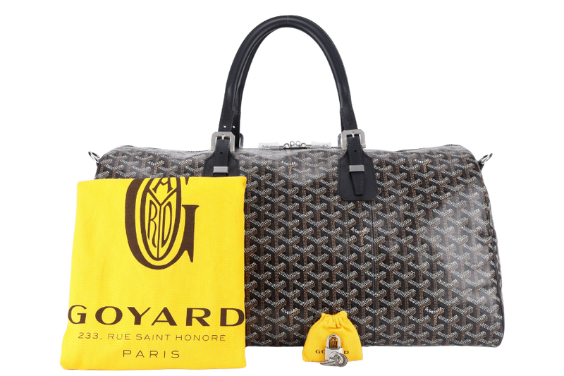 GOYARD BOSTON 50 BLACK GOYARDINE BLACK TRIM SILVER HARDWARE LOCK &amp; KEYS WITH DUST COVER