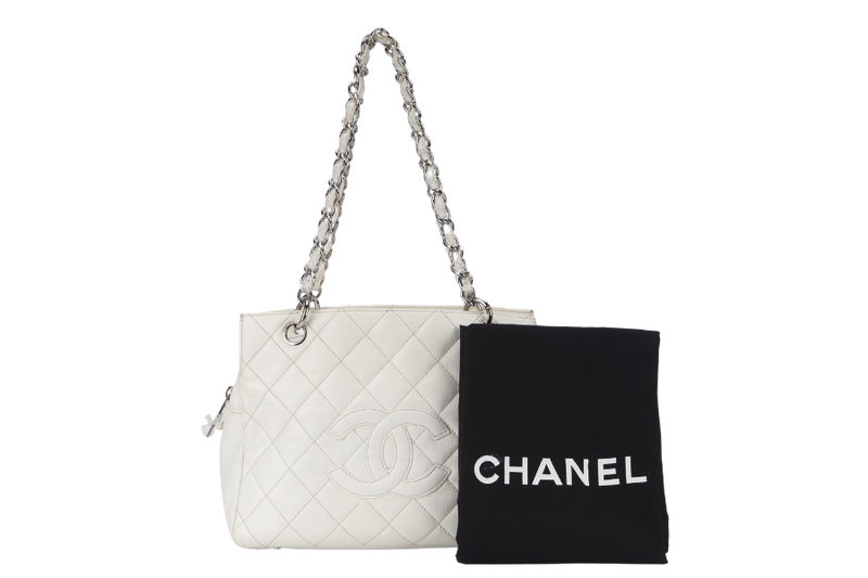 CHANEL PST WHITE (1044xxxx) CAVIAR LEATHER SILVER HARDWARE WITH DUST COVER