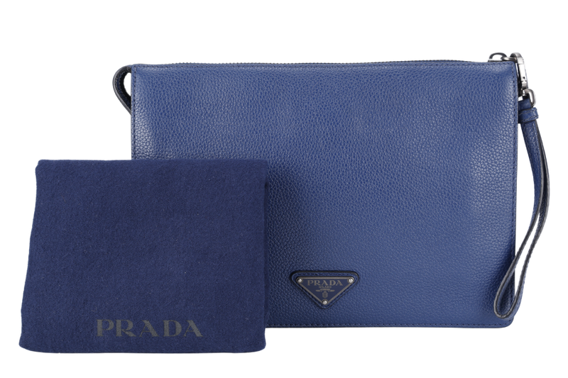 PRADA BORSELLO DARK BLUE GRAIN CALFSKIN CLUTCH SILVER HARDWARE WITH DUST COVER