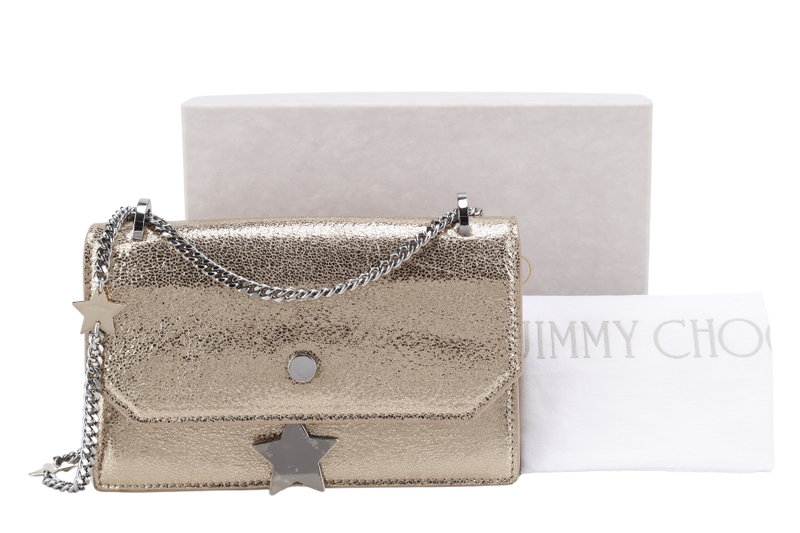 JIMMY CHOO SERENA STAR CHARM CROSSBODY BAG SMALL GOLD METALLIC SILVER HARDWARE WITH DUST COVER AND BOX