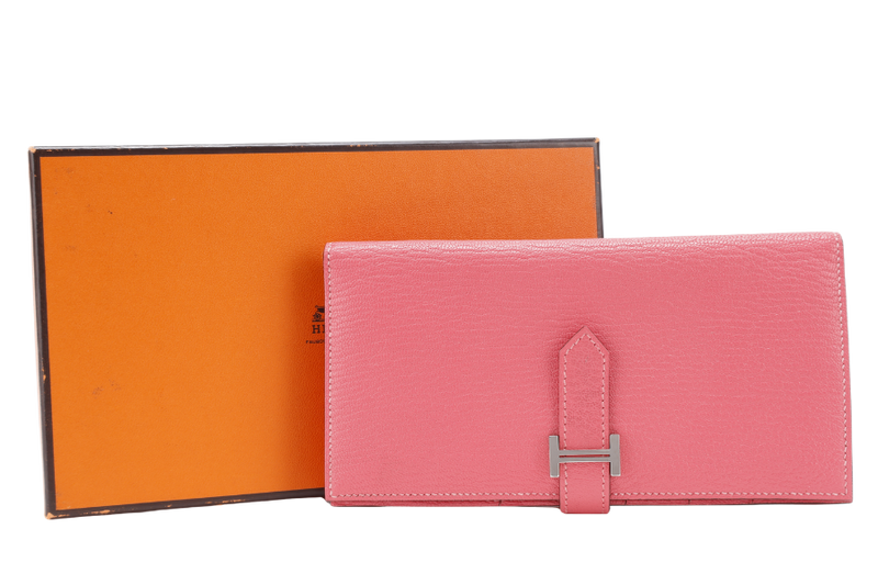 HERMES BEARN WALLET ROUGE PIMENT STAMP X (YEAR 2016) CHEVRE LEATHER SILVER HARDWARE WITH BOX NO DUST COVER