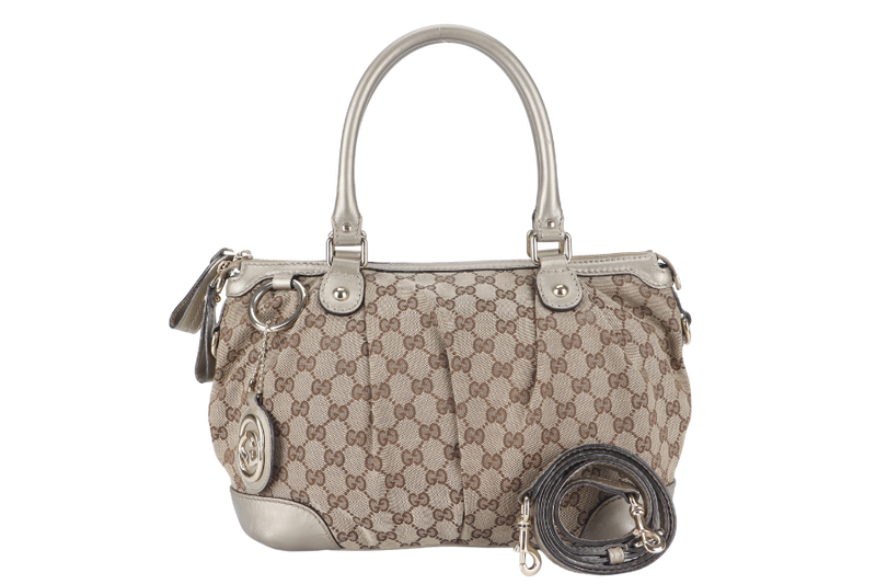 GUCCI SUKEY GG (247902) BEIGE CANVAS 2-WAY BAG SILVER HARDWARE WITH STRAP AND DUST COVER