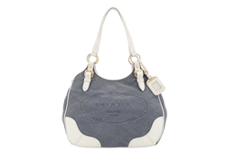 PRADA BLUE DENIM TOTE BAG WHITE LEATHER GOLD HARDWARE NO DUST COVER