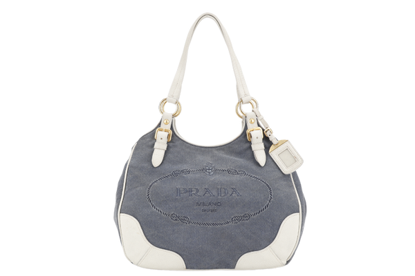 PRADA BLUE DENIM TOTE BAG WHITE LEATHER GOLD HARDWARE NO DUST COVER