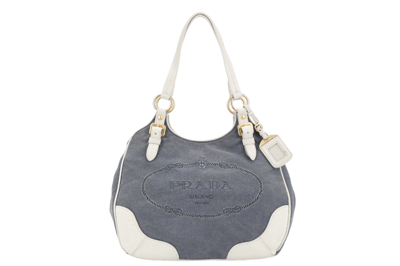 PRADA BLUE DENIM TOTE BAG WHITE LEATHER GOLD HARDWARE NO DUST COVER