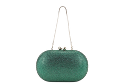 THE CHIC INITIATIVE GREEN CRYSTAL CLUTCH SILVER HARDWARE WITH DUST COVER AND BOX