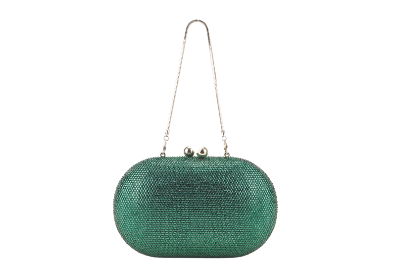THE CHIC INITIATIVE GREEN CRYSTAL CLUTCH SILVER HARDWARE WITH DUST COVER AND BOX