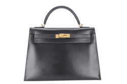 HERMES KELLY 32 SELLIER STAMP E (YEAR 2001) BLACK BOX LEATHER GOLD HARDWARE WITH KEYS, STRAPS AND DUST COVER (NO LOCK)