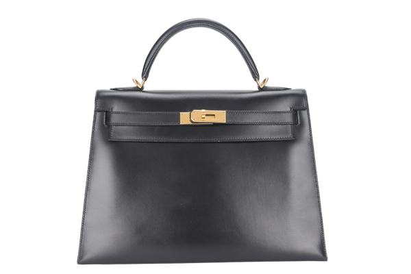 HERMES KELLY 32 SELLIER STAMP E (YEAR 2001) BLACK BOX LEATHER GOLD HARDWARE WITH KEYS, STRAPS AND DUST COVER (NO LOCK)