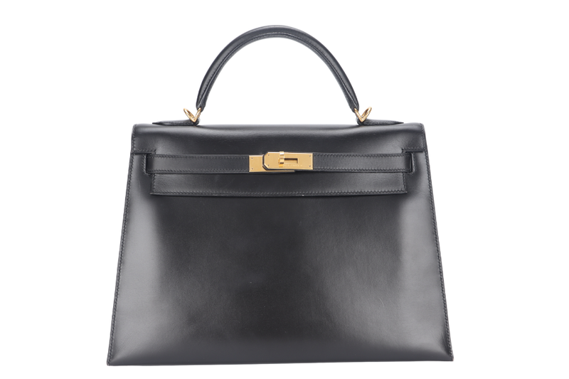 HERMES KELLY 32 SELLIER STAMP E (YEAR 2001) BLACK BOX LEATHER GOLD HARDWARE WITH KEYS, STRAPS AND DUST COVER (NO LOCK)