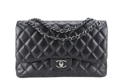 CHANEL CLASSIC FLAP JUMBO BLACK LAMBSKIN SILVER HARDWARE (1879xxxx) NO CARD, WITH DUST COVER AND BOX