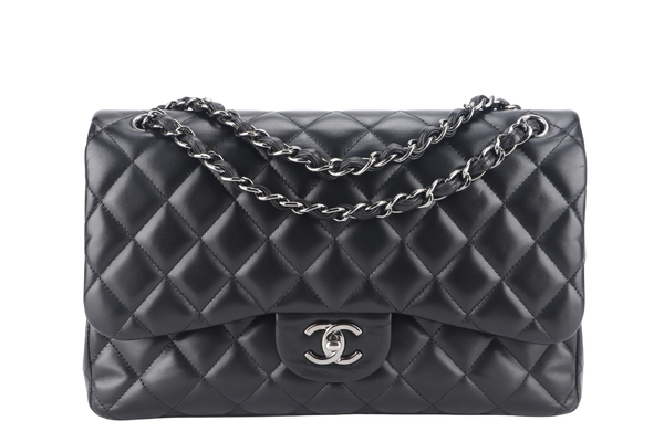 CHANEL CLASSIC FLAP JUMBO BLACK LAMBSKIN SILVER HARDWARE (1879xxxx) NO CARD, WITH DUST COVER AND BOX