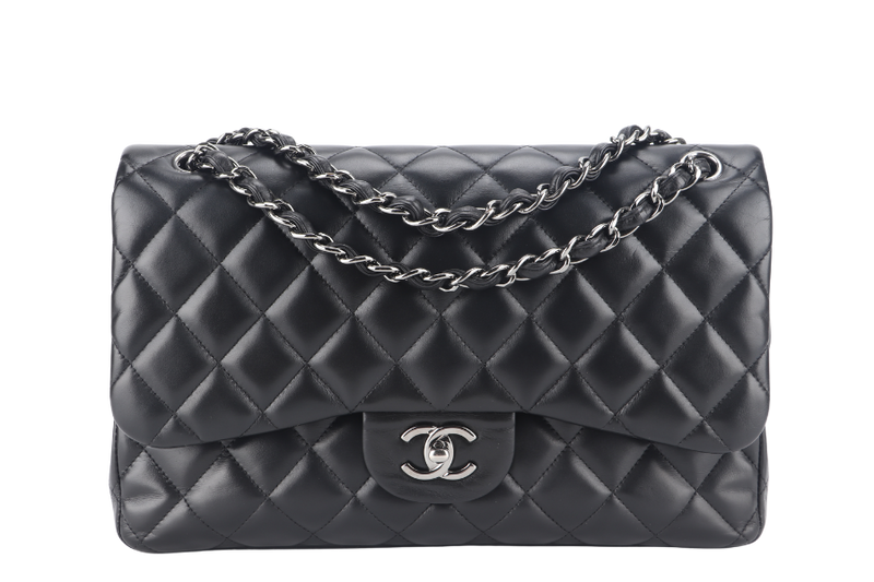 CHANEL CLASSIC FLAP JUMBO BLACK LAMBSKIN SILVER HARDWARE (1879xxxx) NO CARD, WITH DUST COVER AND BOX