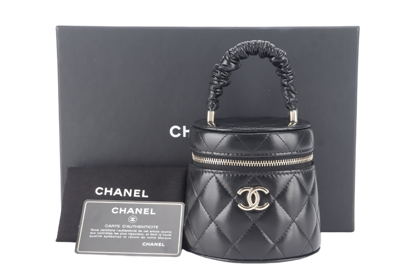 CHANEL 22S VANITY MINI TOP HANDLE BLACK LAMBSKIN GOLD HARDWARE (3209xxxx) WITH CARD, DUST COVER AND BOX