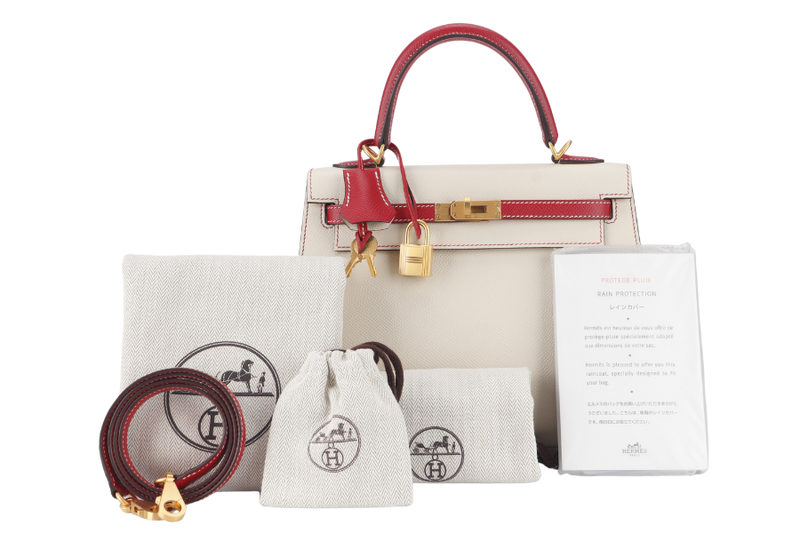 HERMES KELLY 25 HSS SELLIER STAMP D (YEAR 2022) EPSOM CRAIE ROUGE CASAQUE BRUSHED GOLD HARDWARE WITH LOCK&KEYS, RAINCOAT AND DUST COVER