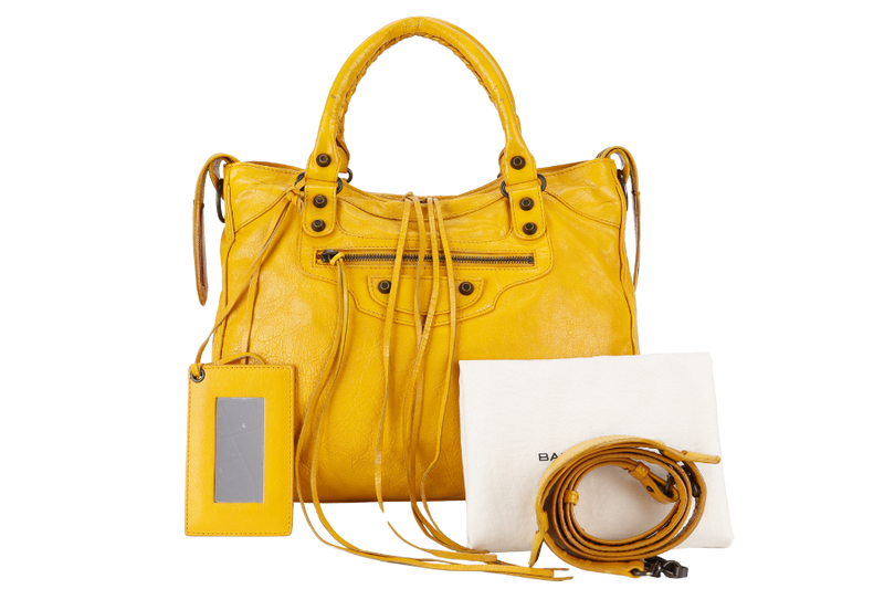 BALENCIAGA CITY VELO MUSTARD YELLOW LAMBSKIN HANDBAG WITH STRAPS AND DUST COVER