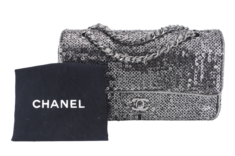 CHANEL FLAP (1164xxxx) SILVER SEQUINS SILVER HARDWARE WITH DUST COVER