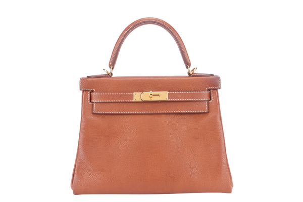 HERMES KELLY 28 FAUVE BARENIA FAUBOURG GOLD HARDWARE STAMP Z (YEAR 2021) WITH KEYS, LOCK, STRAPS, RAINCOAT AND DUST COVER
