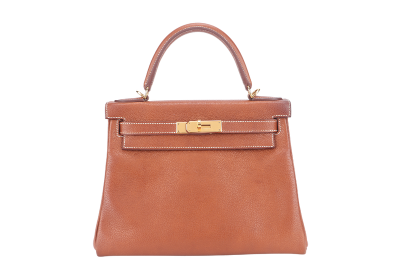 HERMES KELLY 28 FAUVE BARENIA FAUBOURG GOLD HARDWARE STAMP Z (YEAR 2021) WITH KEYS, LOCK, STRAPS, RAINCOAT AND DUST COVER