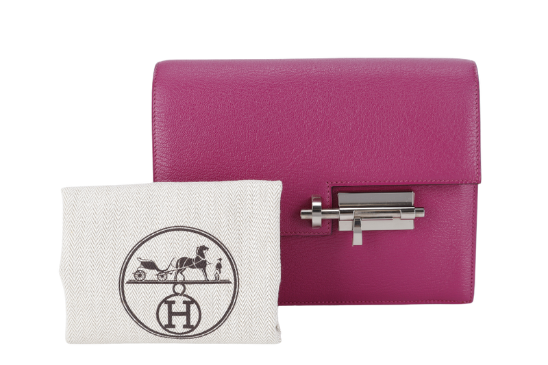 HERMES VERROU CLUTCH ROSE POUPRE CHEVRE MYSORE LEATHER SILVER HARDWARE STAMP C (2018) WITH DUST COVER