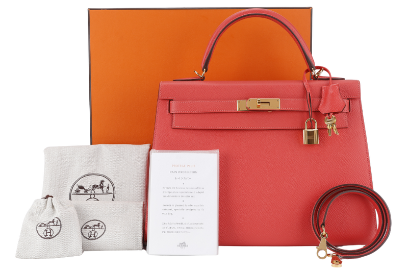 HERMES KELLY SELLIER 32 ROSE JAIPUR EPSOM LEATHER GOLD HARDWARE STAMP X (2016) WITH LEATHER STRAPS, KEYS&LOCK, RAINCOAT, DUST COVER AND BOX