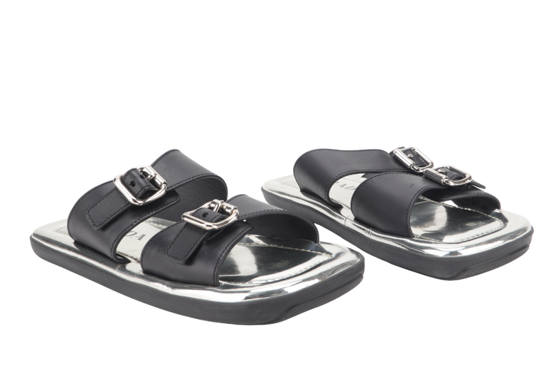 PRADA BLACK LEATHER BUCKLES SILVER PATENT LEATHER MULES SANDALS EU SIZE 37 WITH DUST COVER