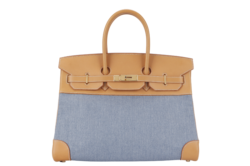 HERMES BIRKIN 35 BARENIA AND DENIM GOLD HARDWARE STAMP I (2005) WITH KEYS&LOCK AND DUST COVER