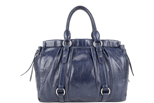 MIU MIU VITELLO SHINE SATCHEL DARK BLUE LEATHER SILVER HARDWARE WITH STRAPS AND NO DUST COVER
