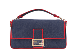 FENDI BAGUETTE SHOULDER BAG (8BR771) LARGE BLUE DENIM GOLD HARDWARE WITH STRAP, DUST COVER AND BOX