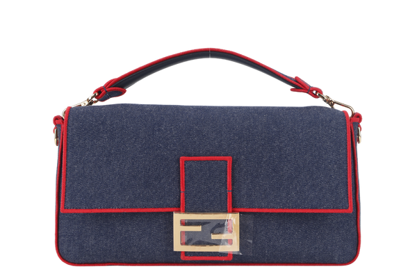 FENDI BAGUETTE SHOULDER BAG (8BR771) LARGE BLUE DENIM GOLD HARDWARE WITH STRAP, DUST COVER AND BOX