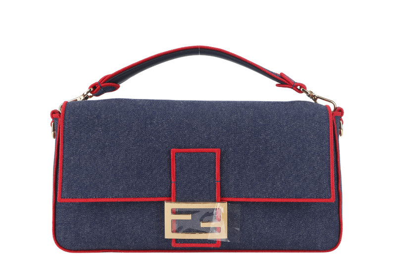 FENDI BAGUETTE SHOULDER BAG (8BR771) LARGE BLUE DENIM GOLD HARDWARE WITH STRAP, DUST COVER AND BOX